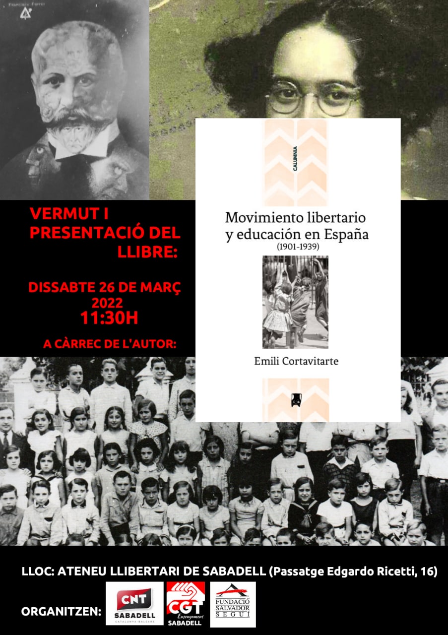 Vermut i presentació del llibre ‘Movimiento libertario y educación en España’ el dissabte 26 de març a Sabadell