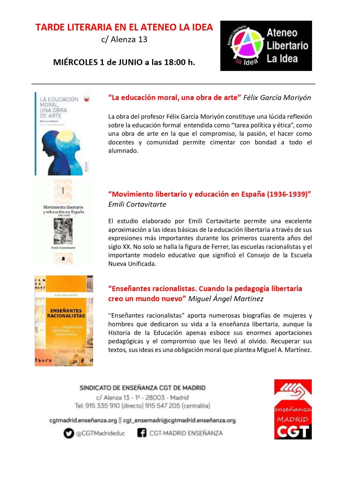 Tarde literaria en el Ateneo La Idea de Madrid el 1 de junio